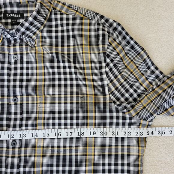 Express Men's L Plaid Button Down Long Sleeve Shirt 2 Button Cuff Blk Wht Yellow - Picture 9 of 16